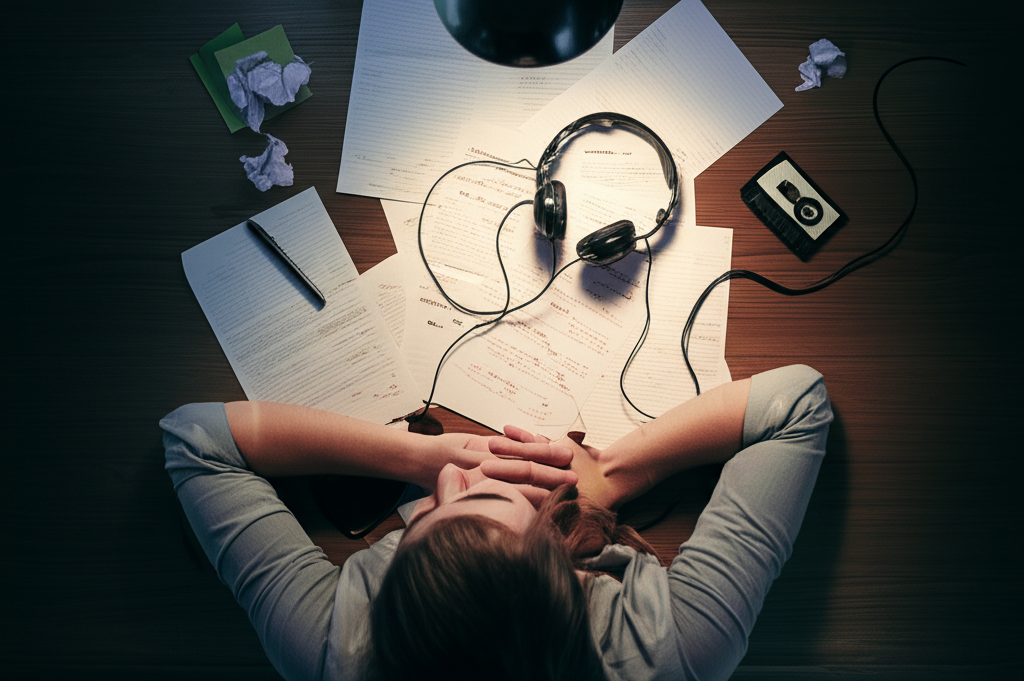 Frustrated professional surrounded by notes and audio files, illustrating traditional transcription challenges