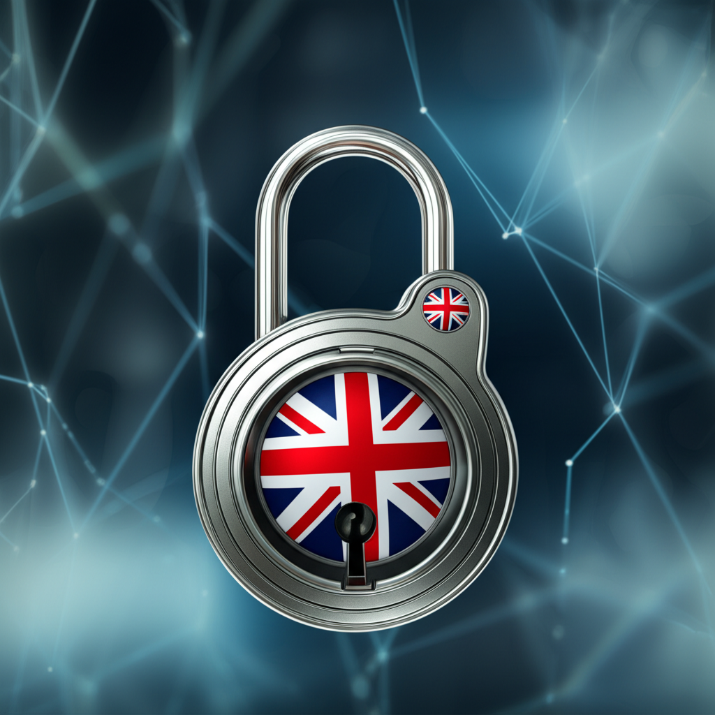 GDPR data security lock with UK flag, illustrating legal compliance requirements